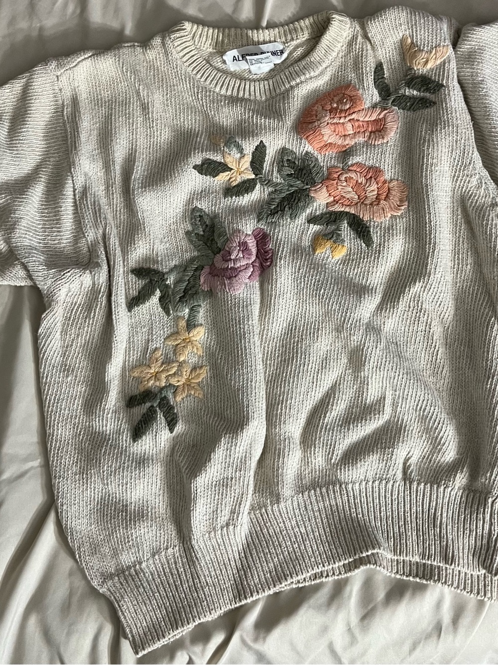 Alfred Dunner Cream Crewneck Sweater with Multicolor Floral Embroidery